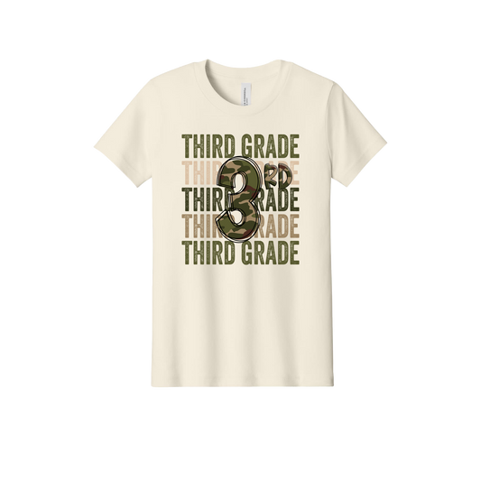3rd Grade Army Apparel design on official Youth Bella+Canvas T-shirt in Natural, front view.
