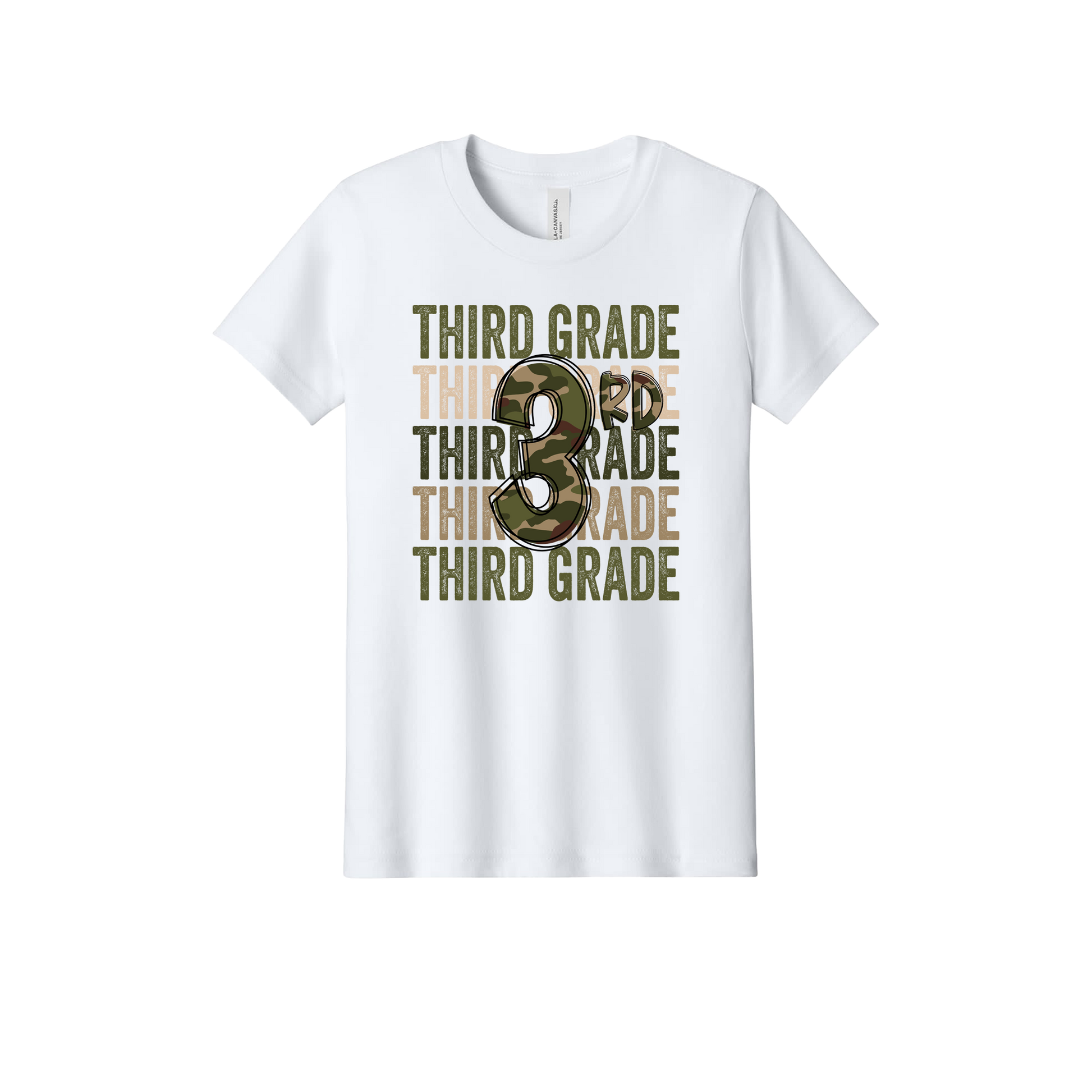 3rd Grade Army Apparel design on official Youth Bella+Canvas T-shirt in White, front view.