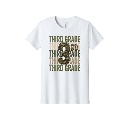 3rd Grade Army Apparel design on official Youth Bella+Canvas T-shirt in White, front view.