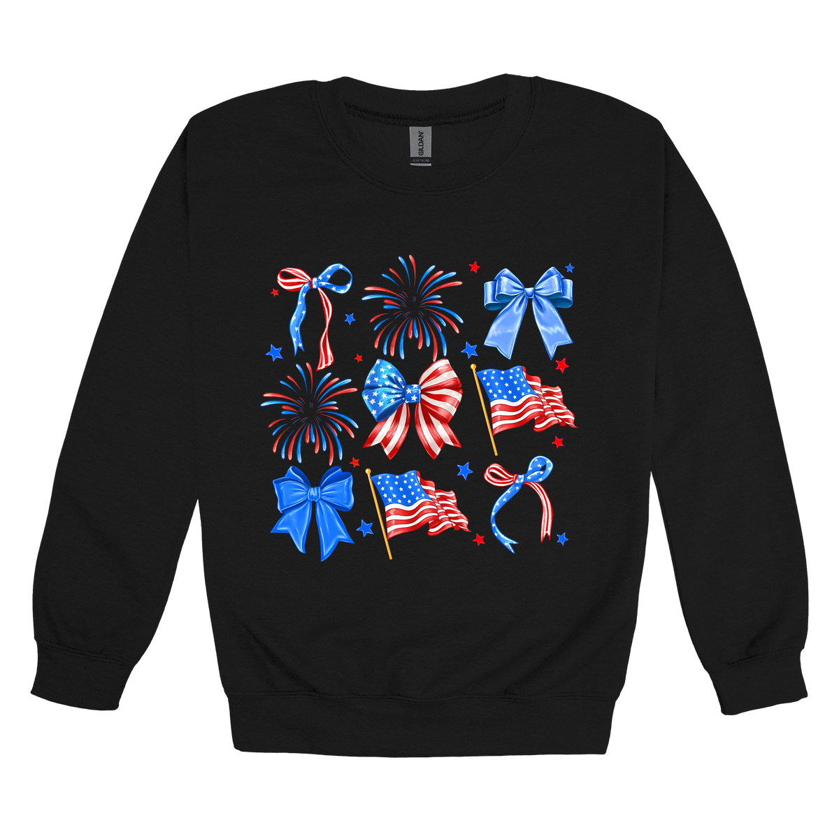 Fourth of July Bow Apparel design on adult crewneck in black, front view.