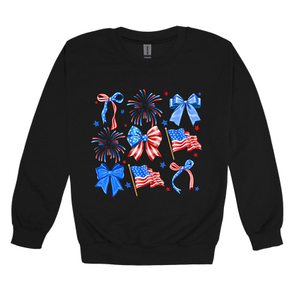 Fourth of July Bow Apparel design on adult crewneck in black, front view.