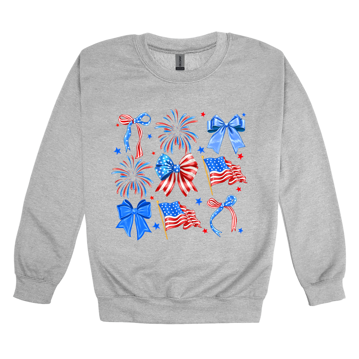 Fourth of July Bow Apparel design on adult crewneck in gray, front view.