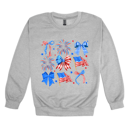 Fourth of July Bow Apparel design on adult crewneck in gray, front view.