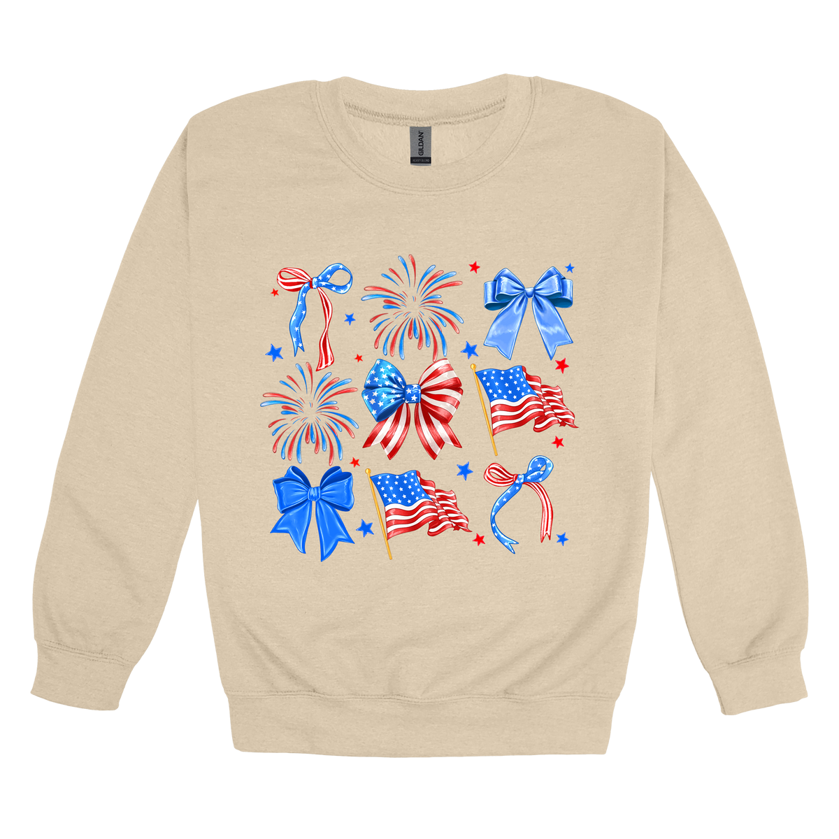 Fourth of July Bow Apparel design on adult crewneck in tan, front view.