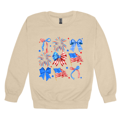 Fourth of July Bow Apparel design on adult crewneck in tan, front view.