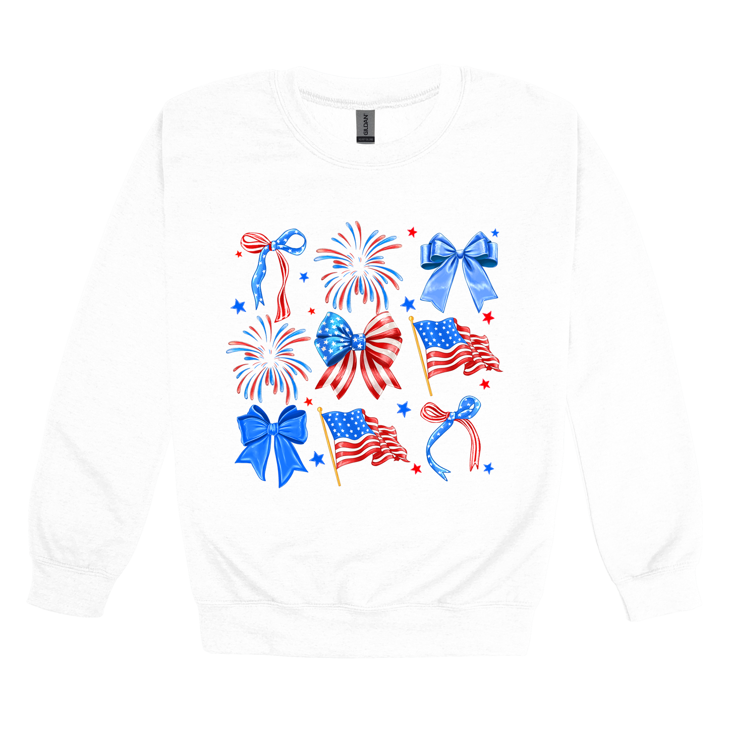 Fourth of July Bow Apparel design on adult crewneck in white, front view.