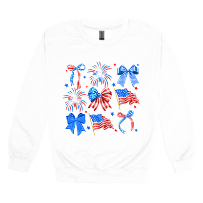 Fourth of July Bow Apparel design on adult crewneck in white, front view.