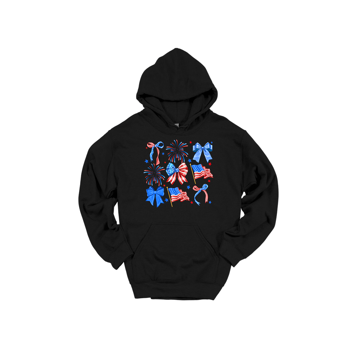 Fourth of July Bow Apparel design on adult hoodie in black, front view.