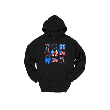Fourth of July Bow Apparel design on adult hoodie in black, front view.