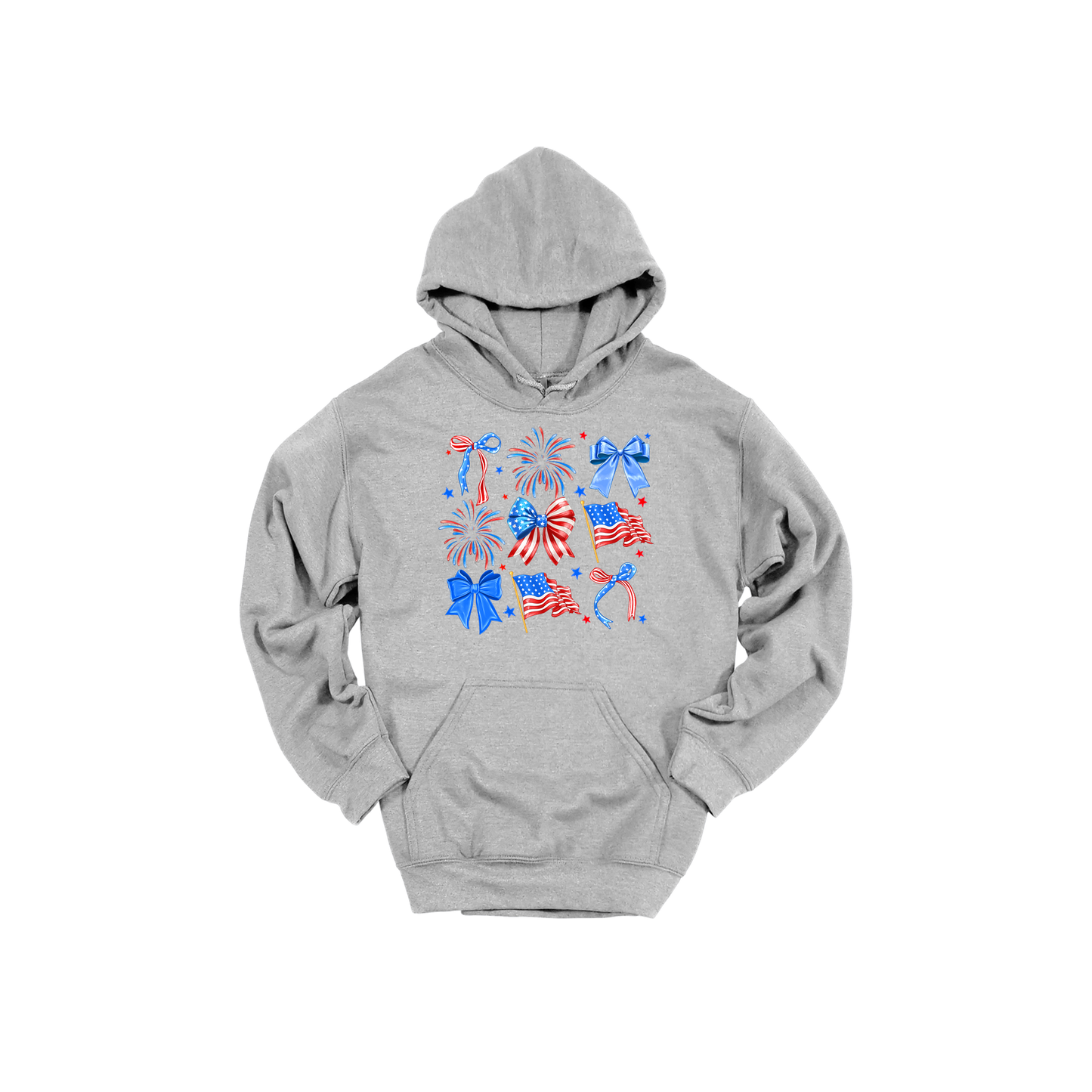 Fourth of July Bow Apparel design on adult hoodie in gray, front view.