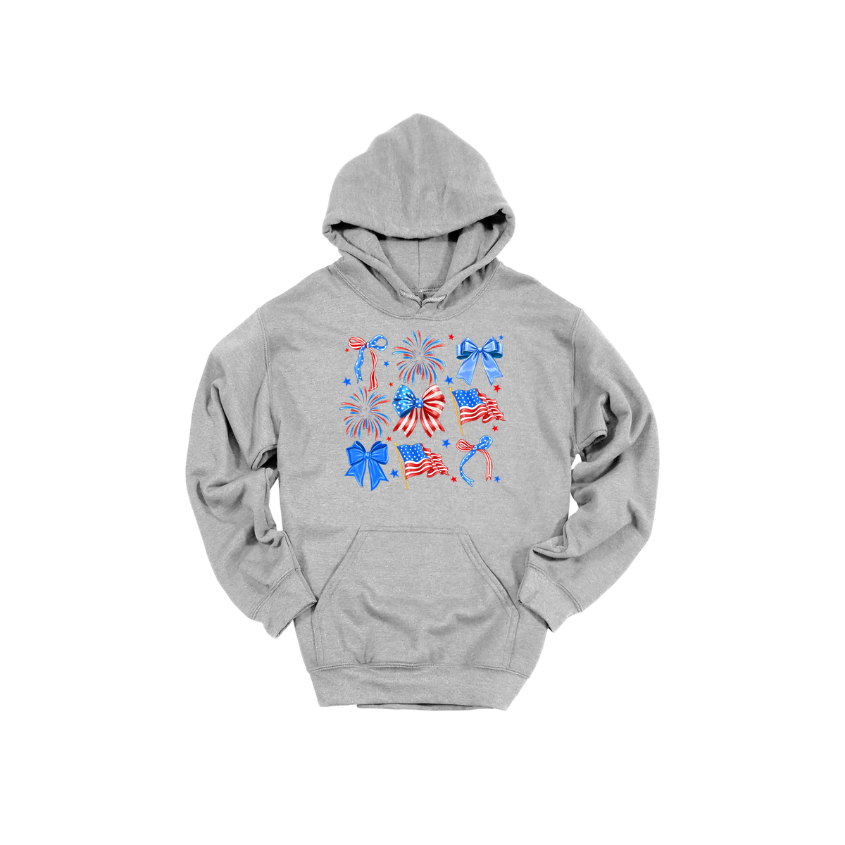 Fourth of July Bow Apparel design on adult hoodie in gray, front view.