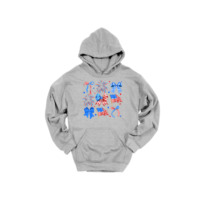 Fourth of July Bow Apparel design on adult hoodie in gray, front view.