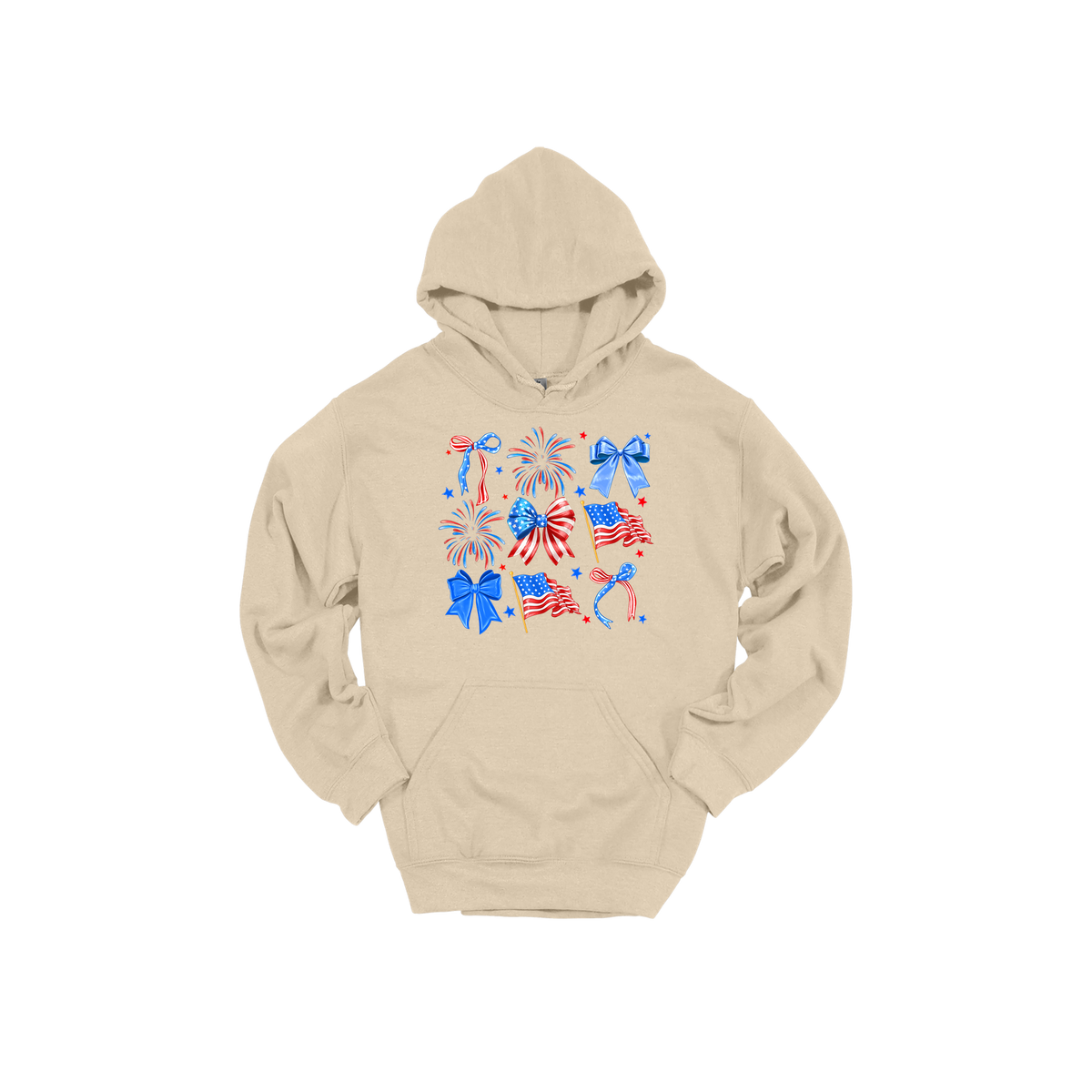Fourth of July Bow Apparel design on adult hoodie in tan, front view.