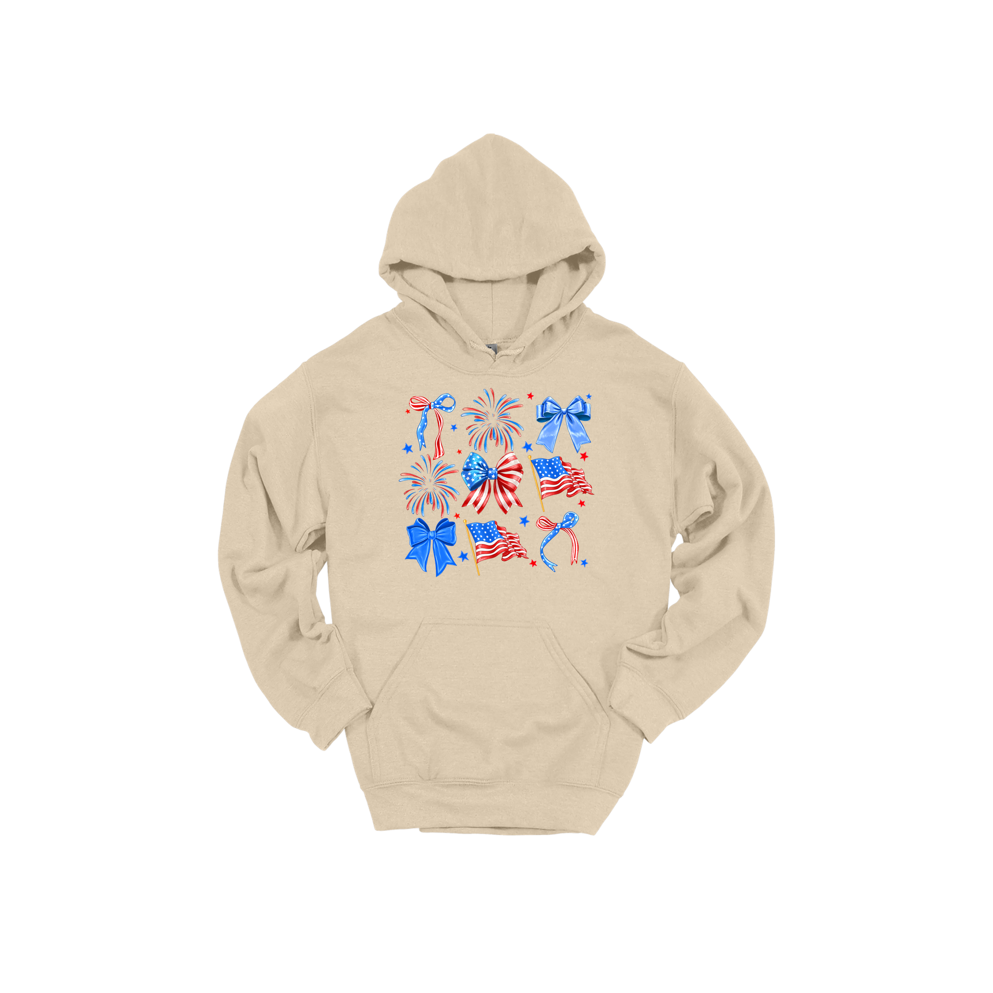 Fourth of July Bow Apparel design on adult hoodie in tan, front view.