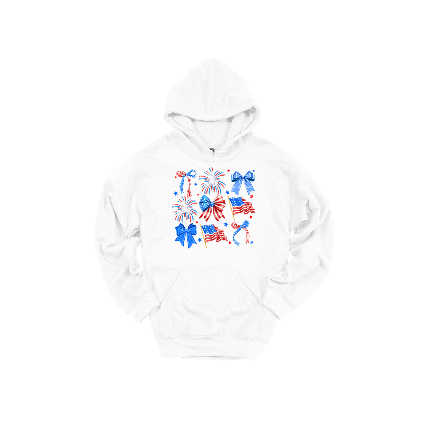 Fourth of July Bow Apparel design on adult hoodie in white, front view.