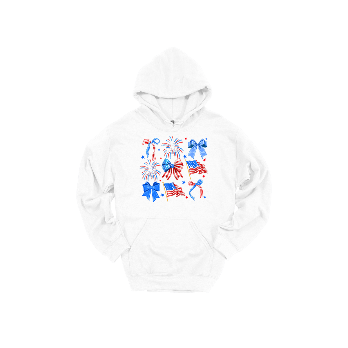 Fourth of July Bow Apparel design on adult hoodie in white, front view.