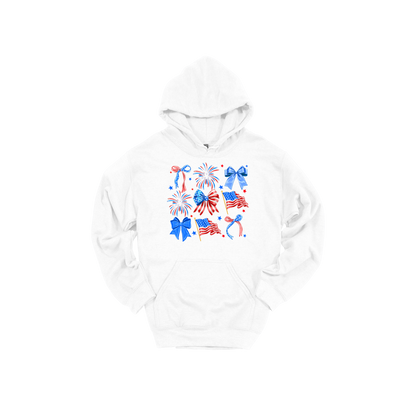 Fourth of July Bow Apparel design on adult hoodie in white, front view.