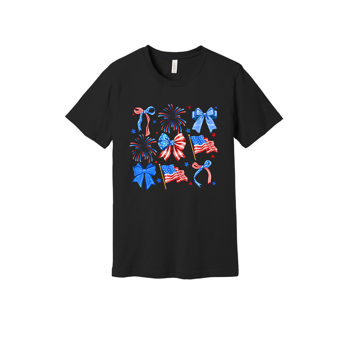 Fourth of July Bow Apparel design on adult tee in black, front view.