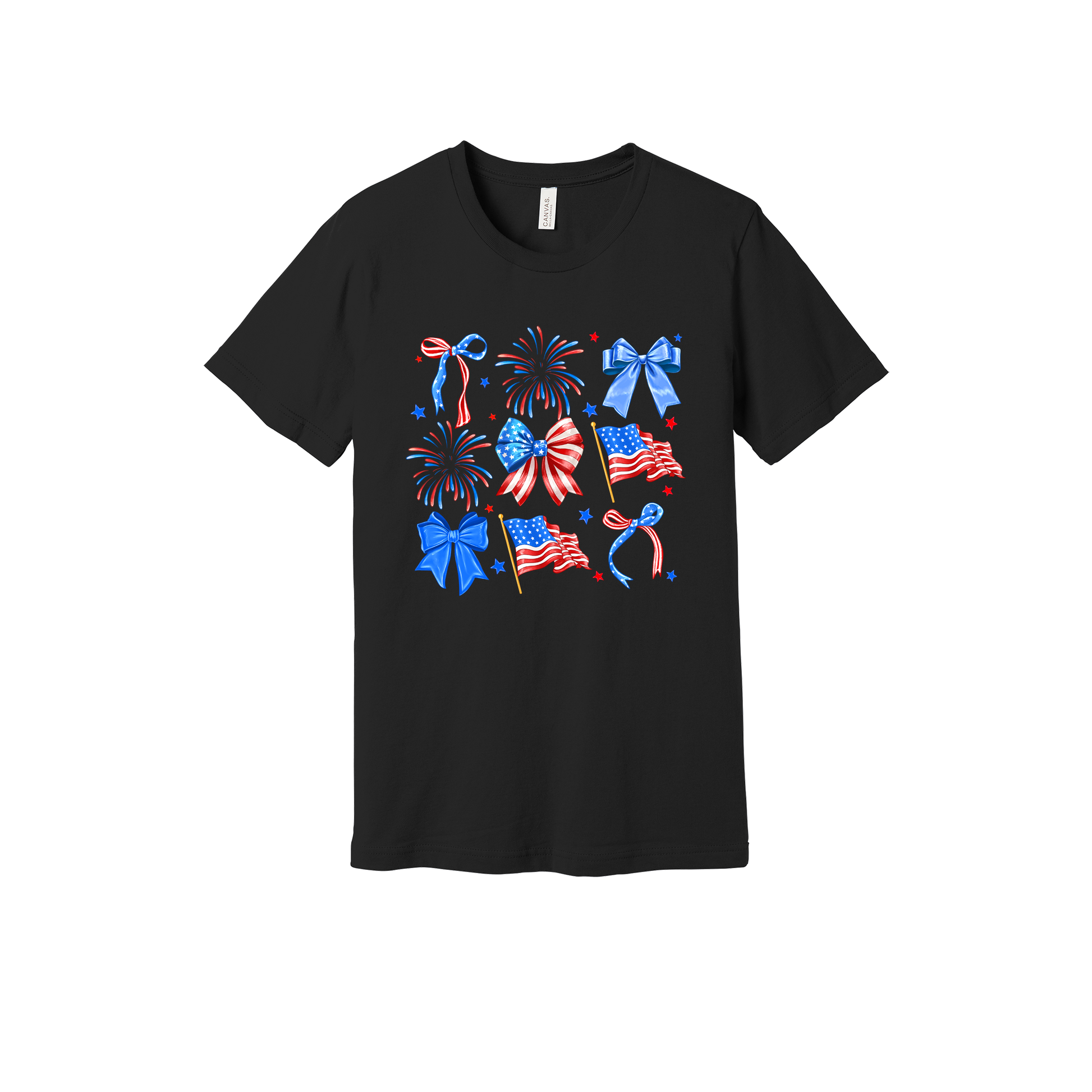 Fourth of July Bow Apparel design on adult tee in black, front view.