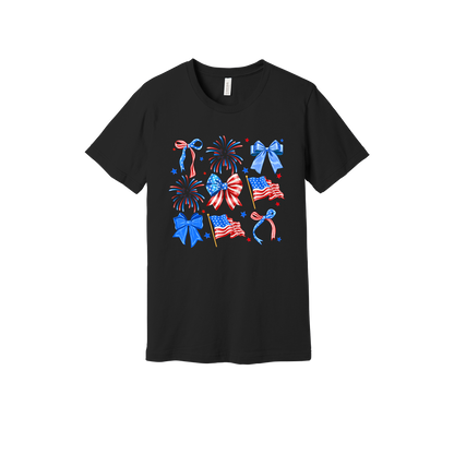 Fourth of July Bow Apparel design on adult tee in black, front view.