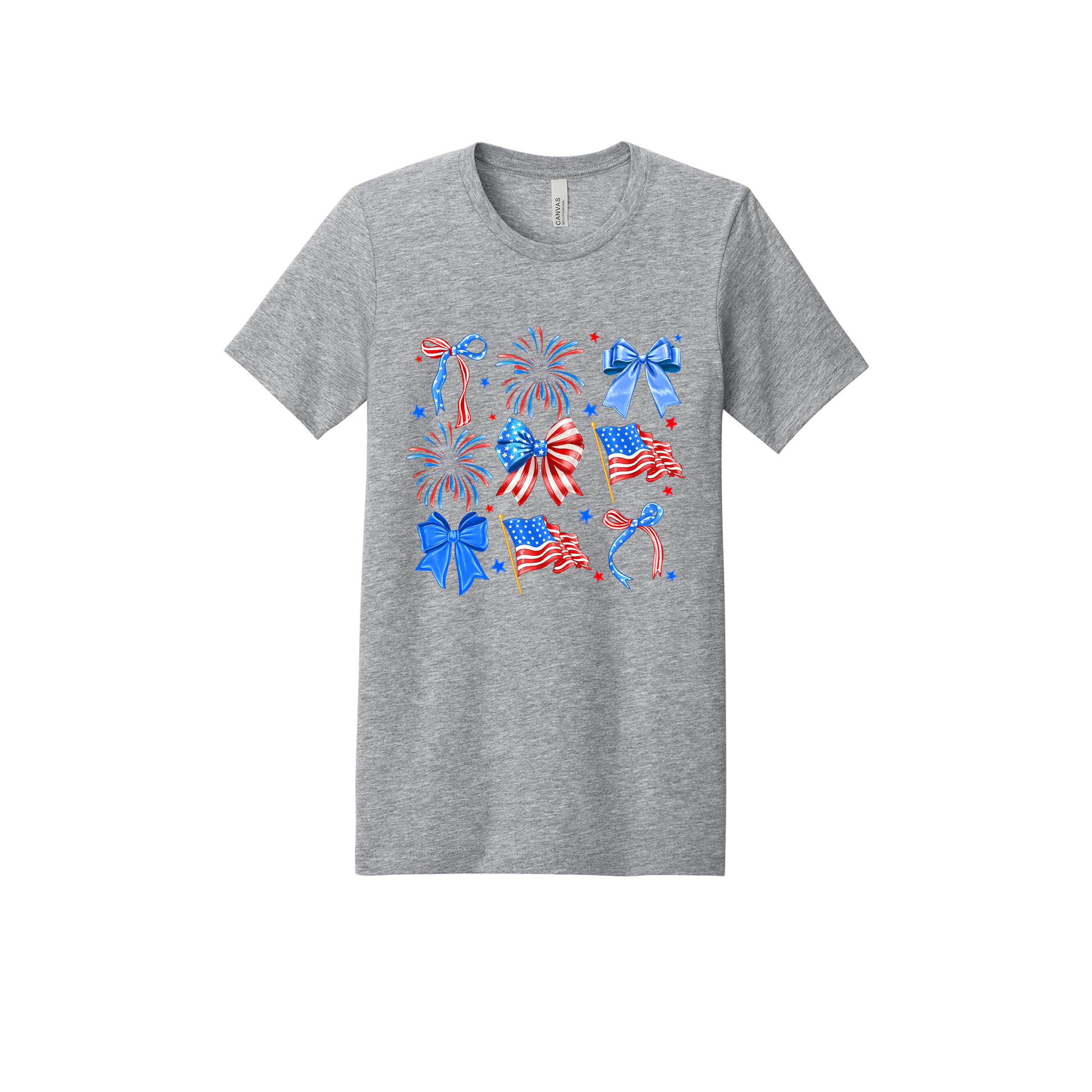 Fourth of July Bow Apparel design on adult tee in gray, front view.