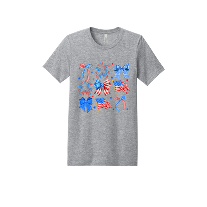 Fourth of July Bow Apparel design on adult tee in gray, front view.