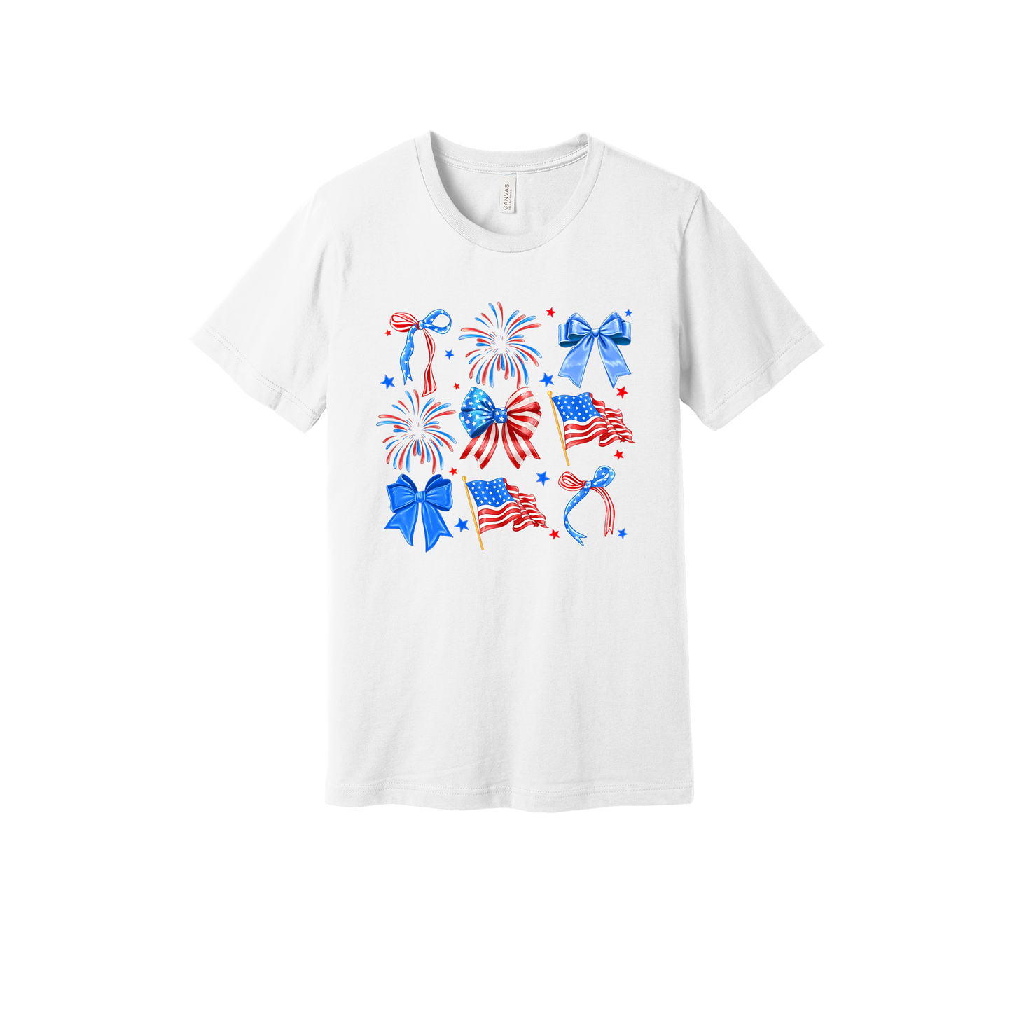 Fourth of July Bow Apparel design on adult tee in white, front view.