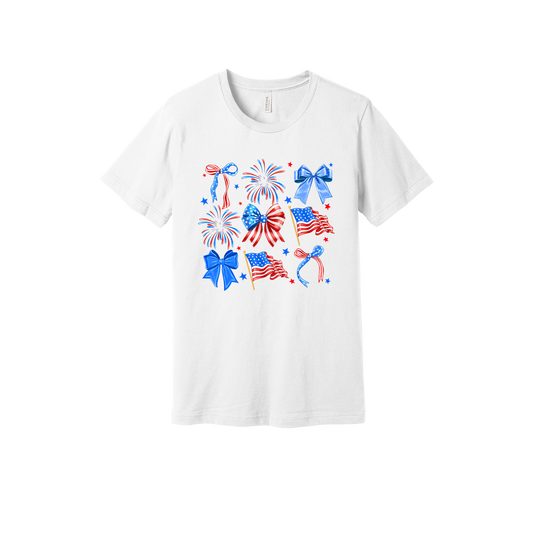 Fourth of July Bow Apparel design on adult tee in white, front view.