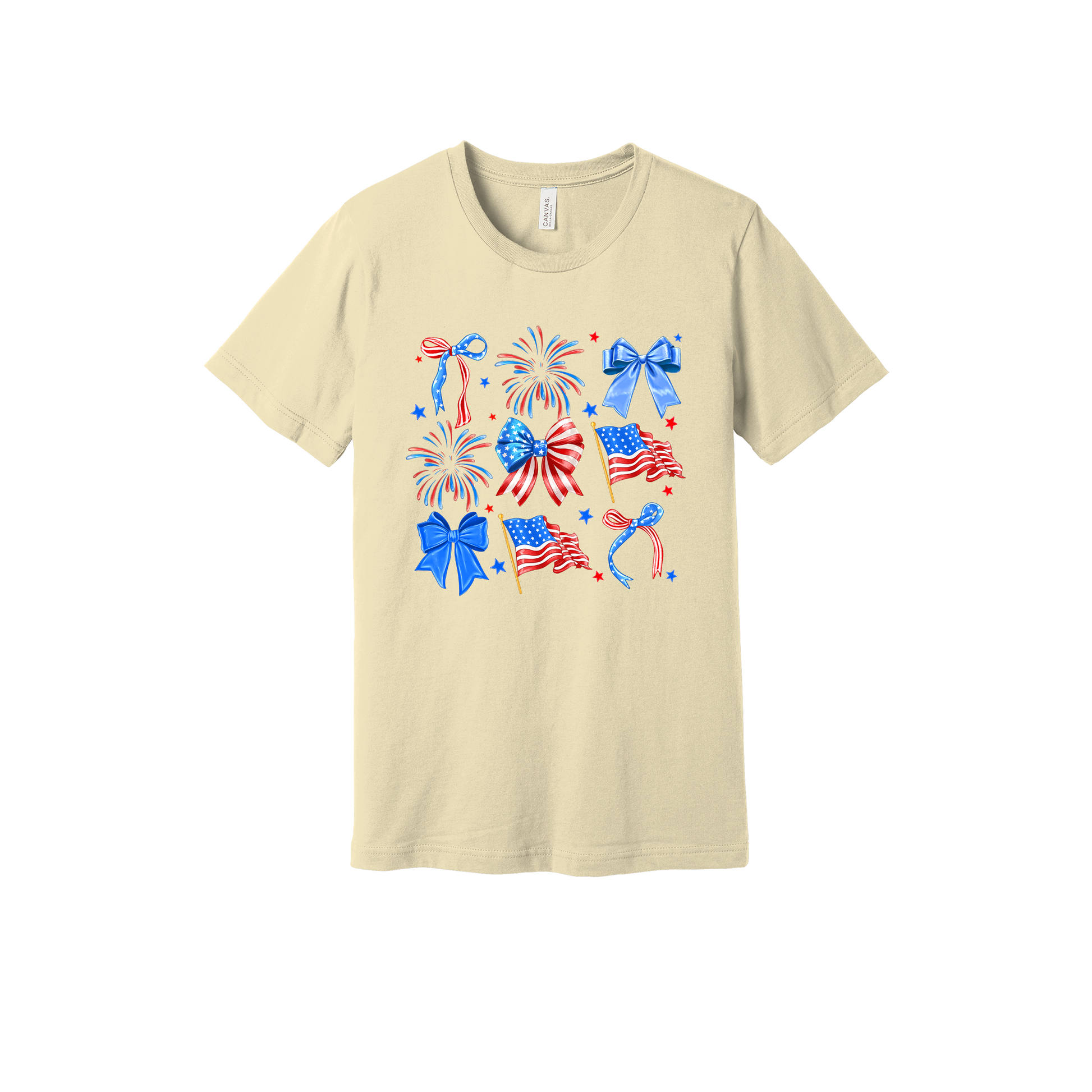 Fourth of July Bow Apparel design on generic tee presentation in tan, front view.