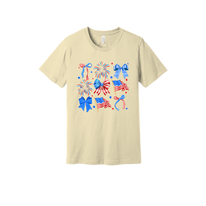 Fourth of July Bow Apparel design on generic tee presentation in tan, front view.