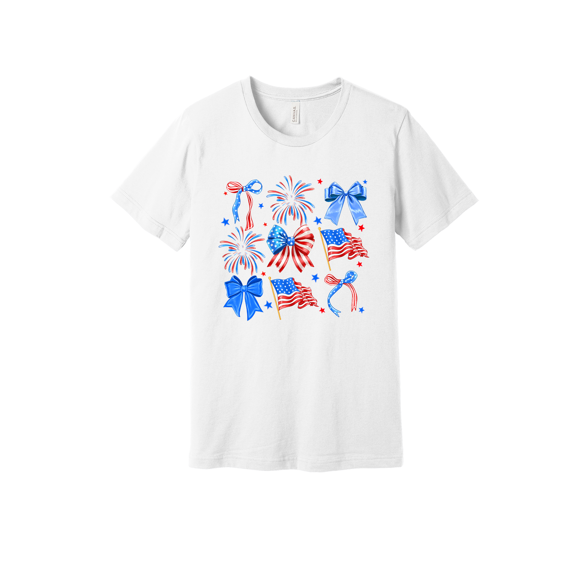 Fourth of July Bow Apparel design on generic tee presentation in white, front view.