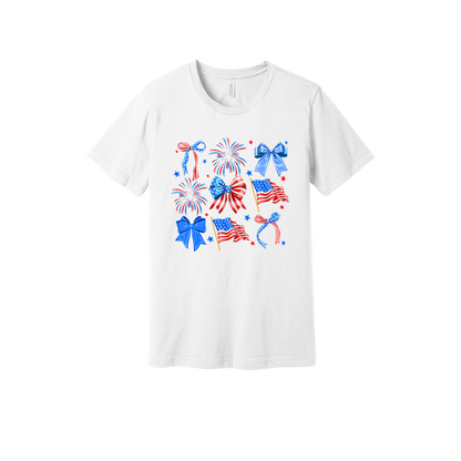 Fourth of July Bow Apparel design on generic tee presentation in white, front view.