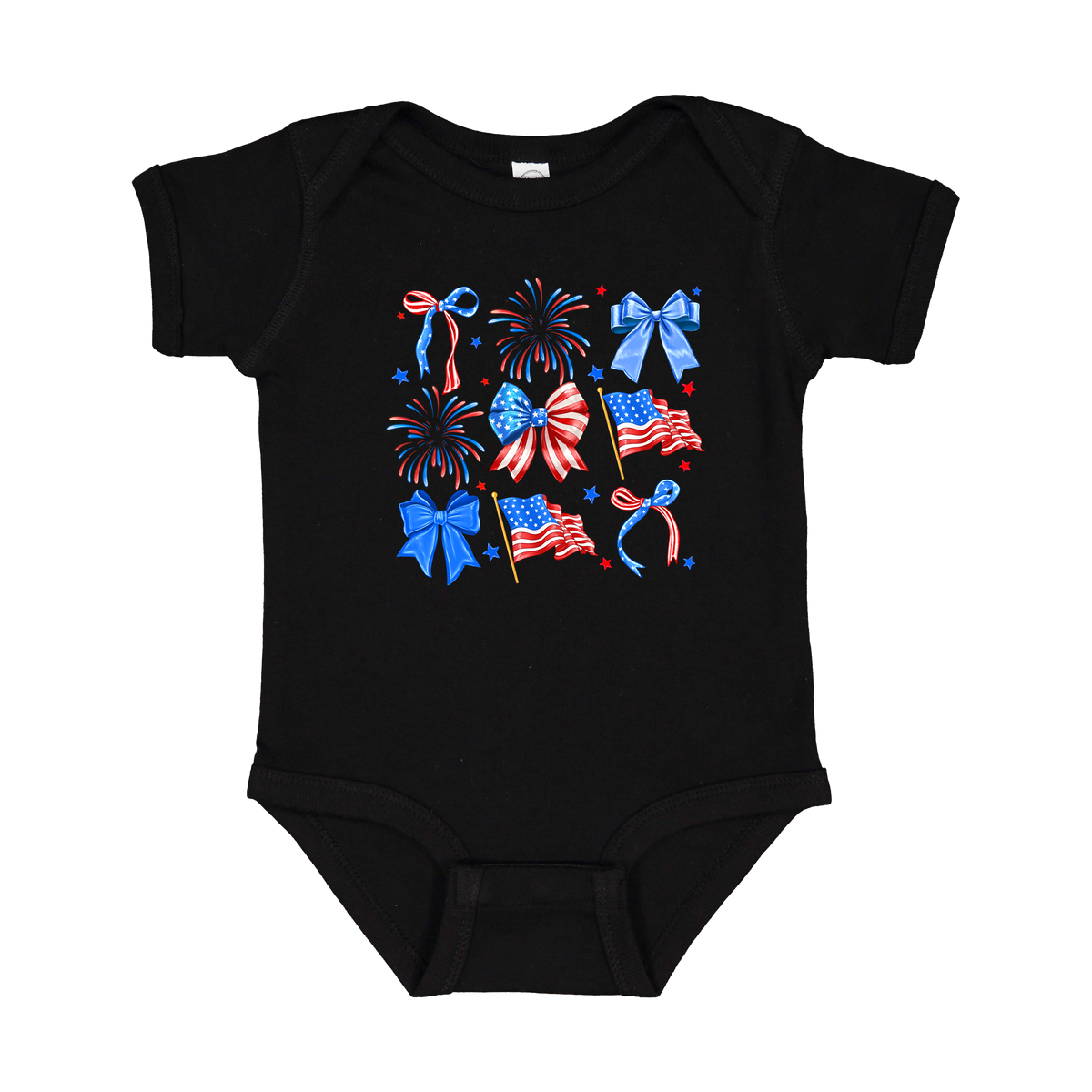 Fourth of July Bow Apparel design on infant onesie in black, front view.