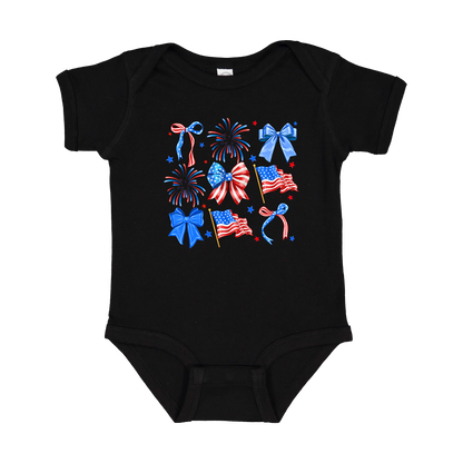 Fourth of July Bow Apparel design on infant onesie in black, front view.