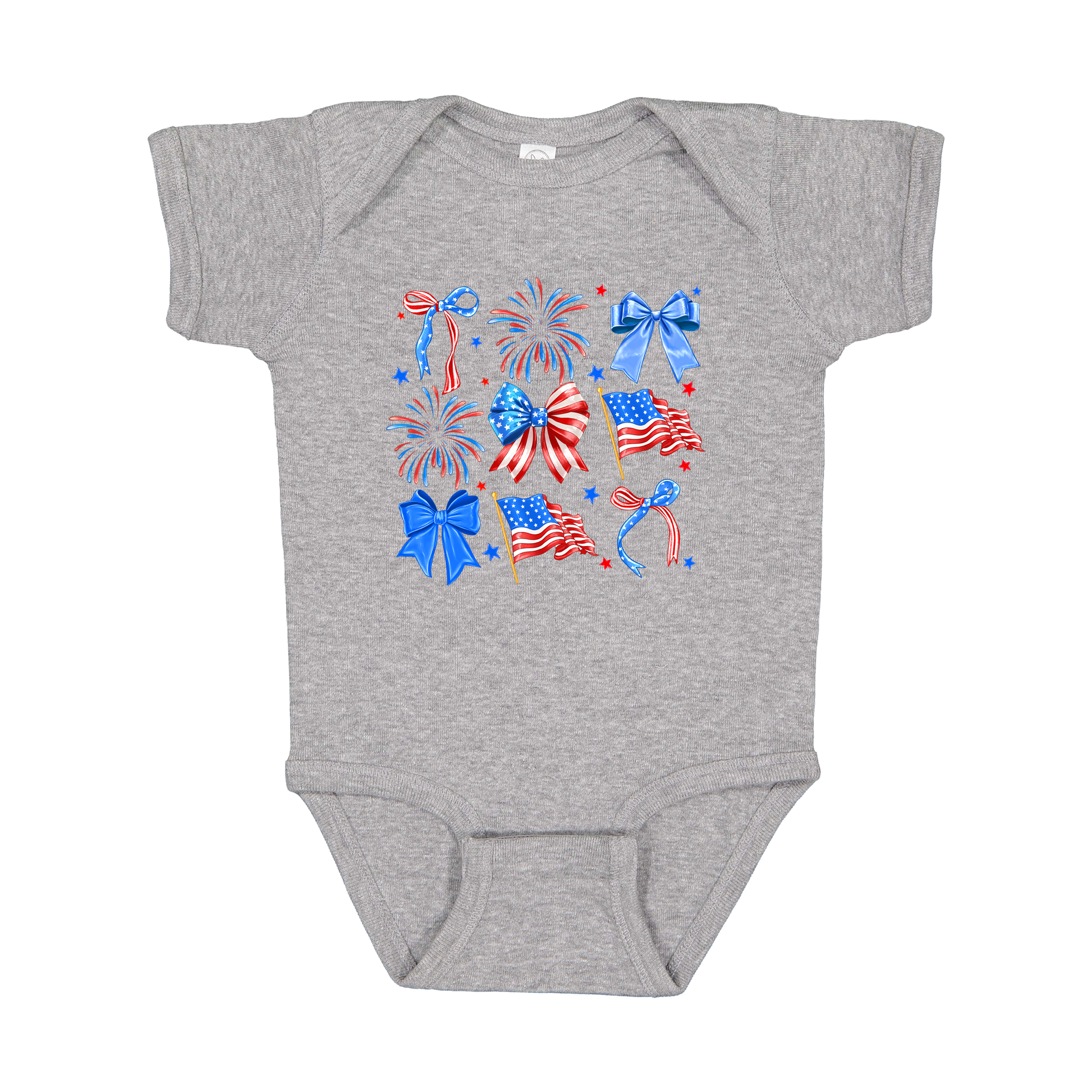 Fourth of July Bow Apparel design on infant onesie in gray, front view.