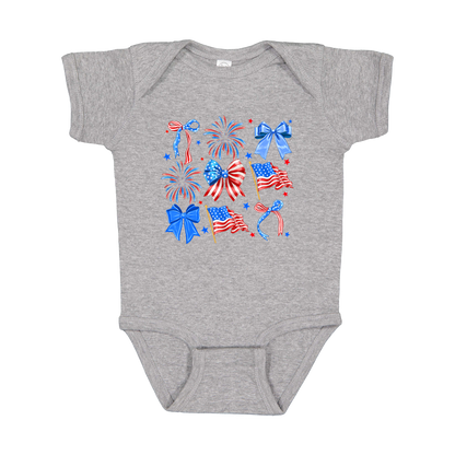 Fourth of July Bow Apparel design on infant onesie in gray, front view.
