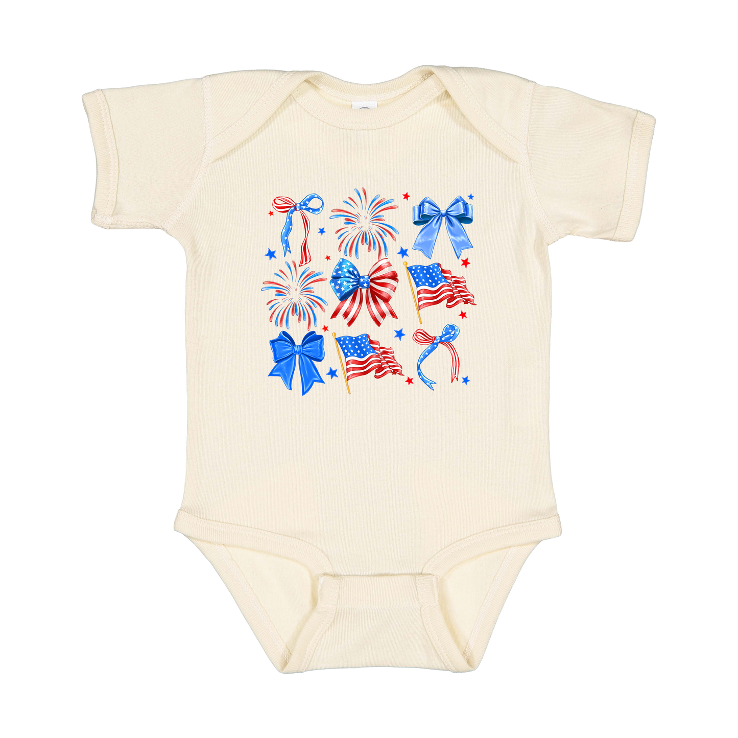 Fourth of July Bow Apparel design on infant onesie in tan, front view.