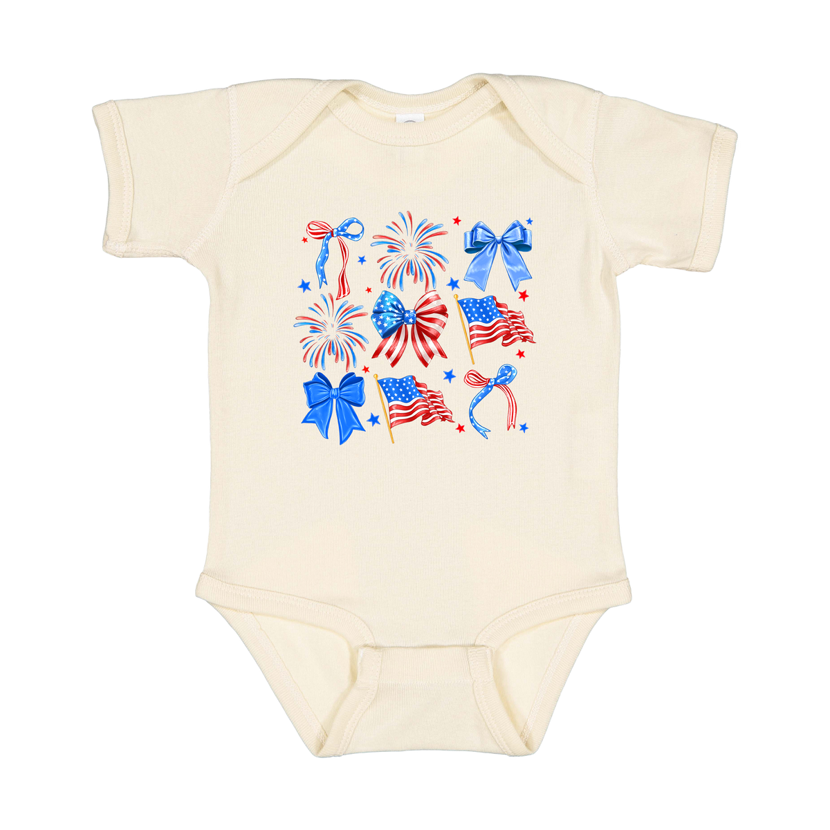 Fourth of July Bow Apparel design on infant onesie in tan, front view.