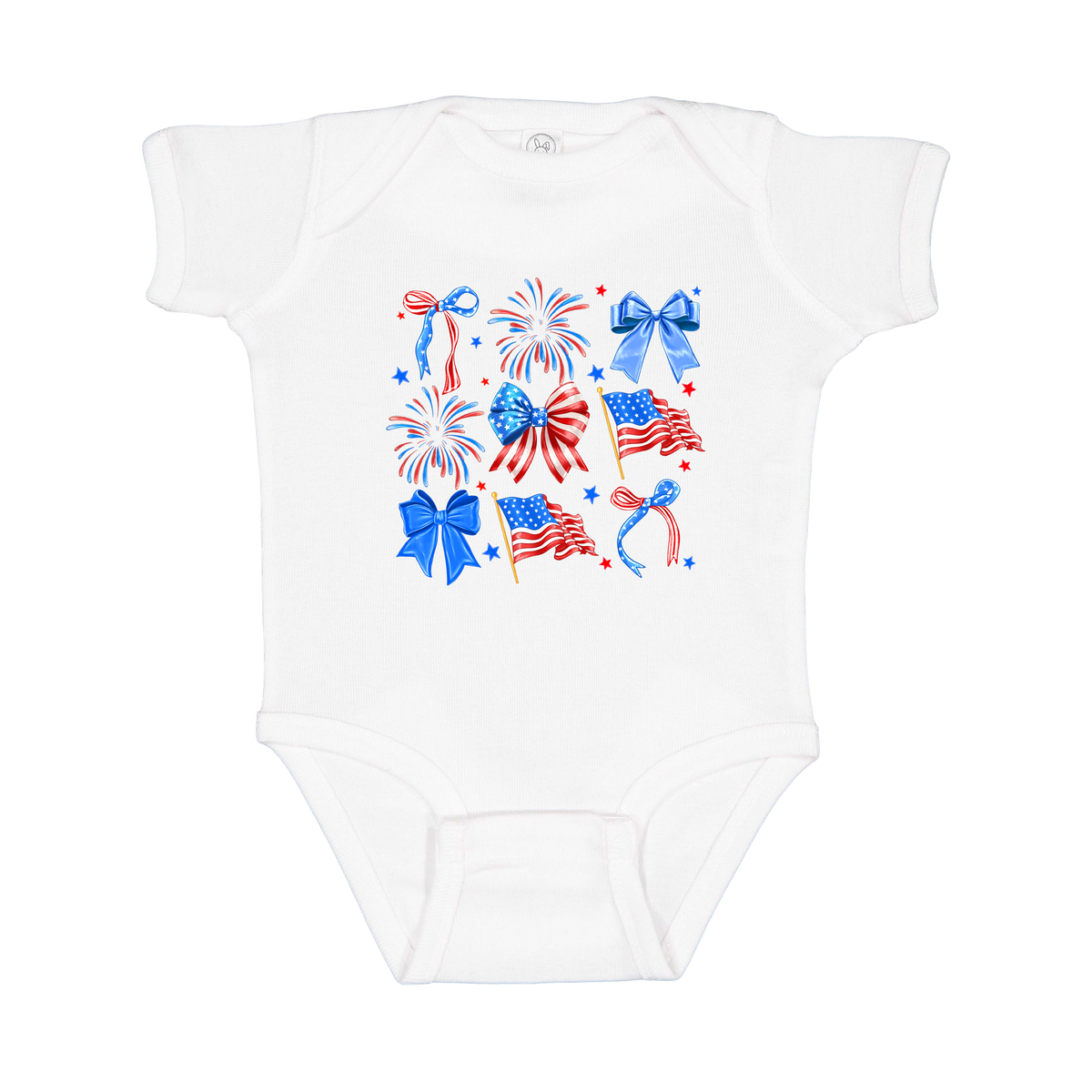 Fourth of July Bow Apparel design on infant onesie in white, front view.