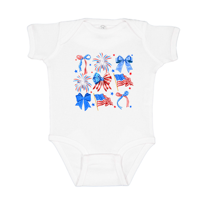 Fourth of July Bow Apparel design on infant onesie in white, front view.