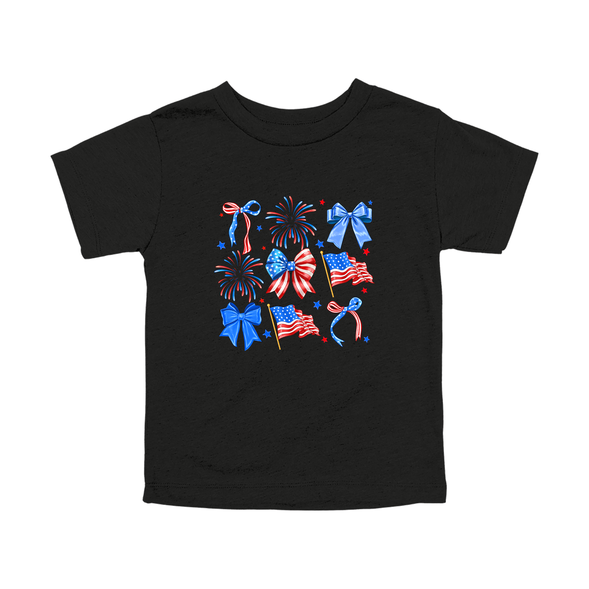 Fourth of July Bow Apparel design on toddler tee in black, front view.