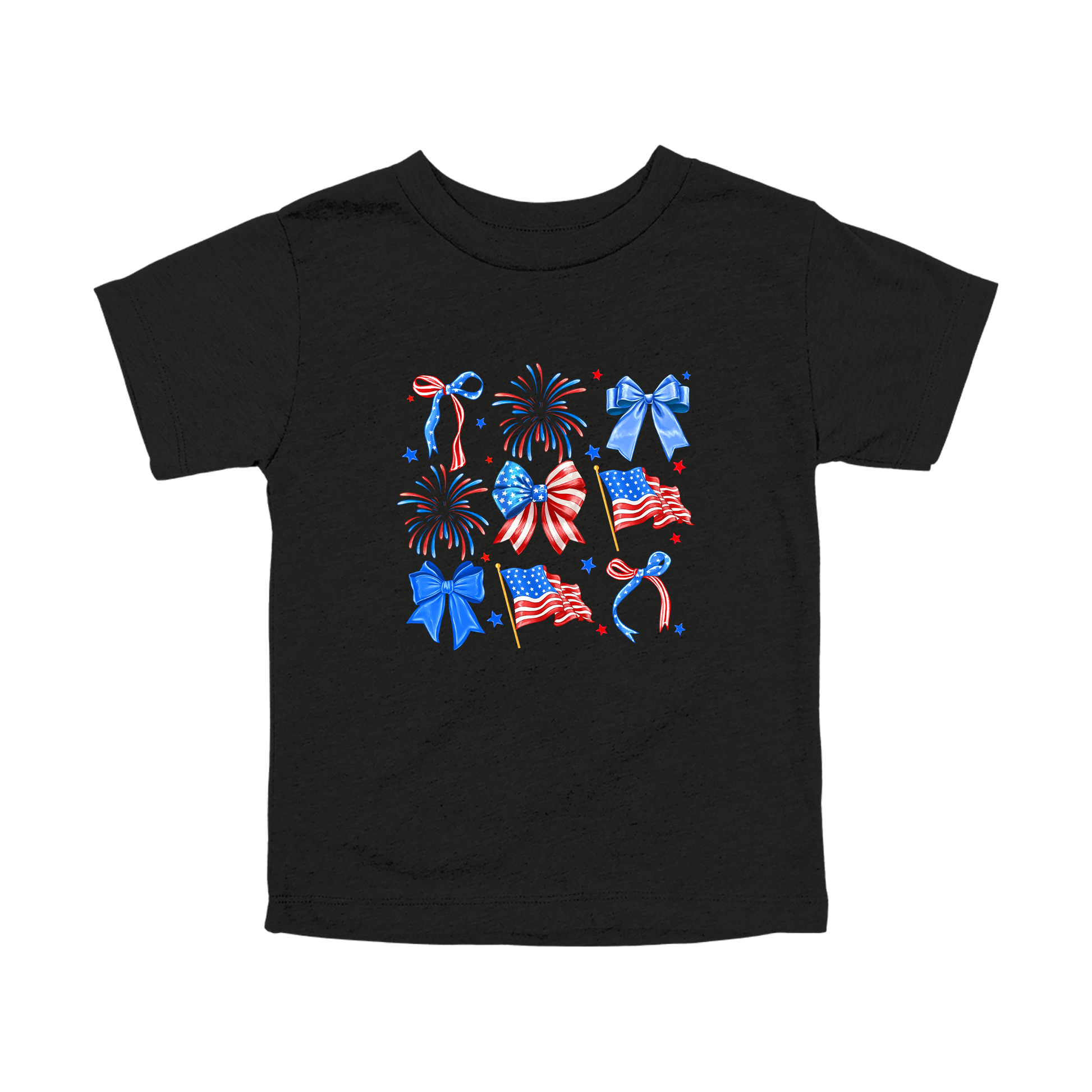 Fourth of July Bow Apparel design on toddler tee in black, front view.