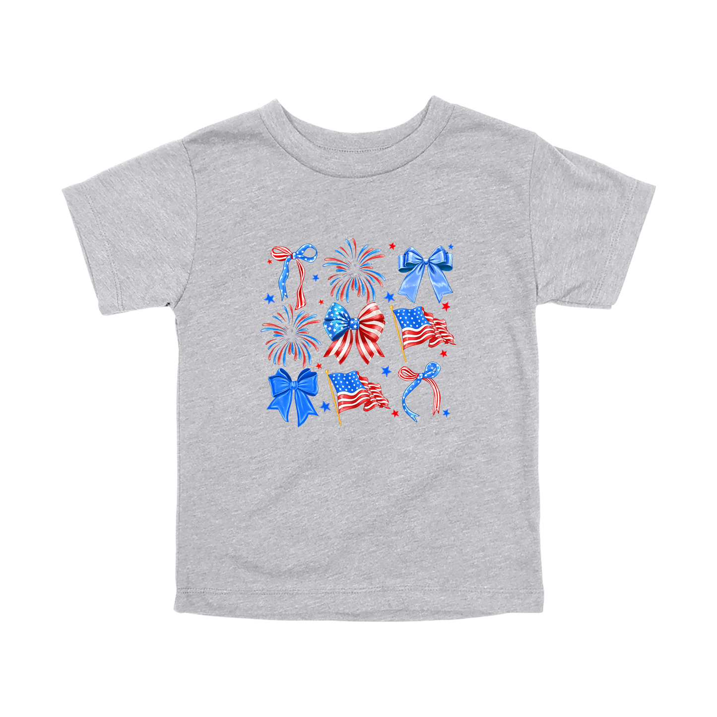 Fourth of July Bow Apparel design on toddler tee in gray, front view.