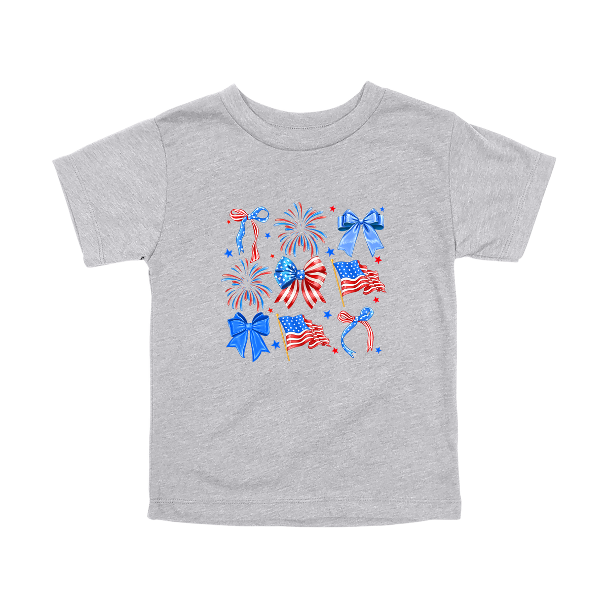 Fourth of July Bow Apparel design on toddler tee in gray, front view.
