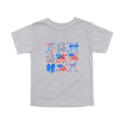 Fourth of July Bow Apparel design on toddler tee in gray, front view.