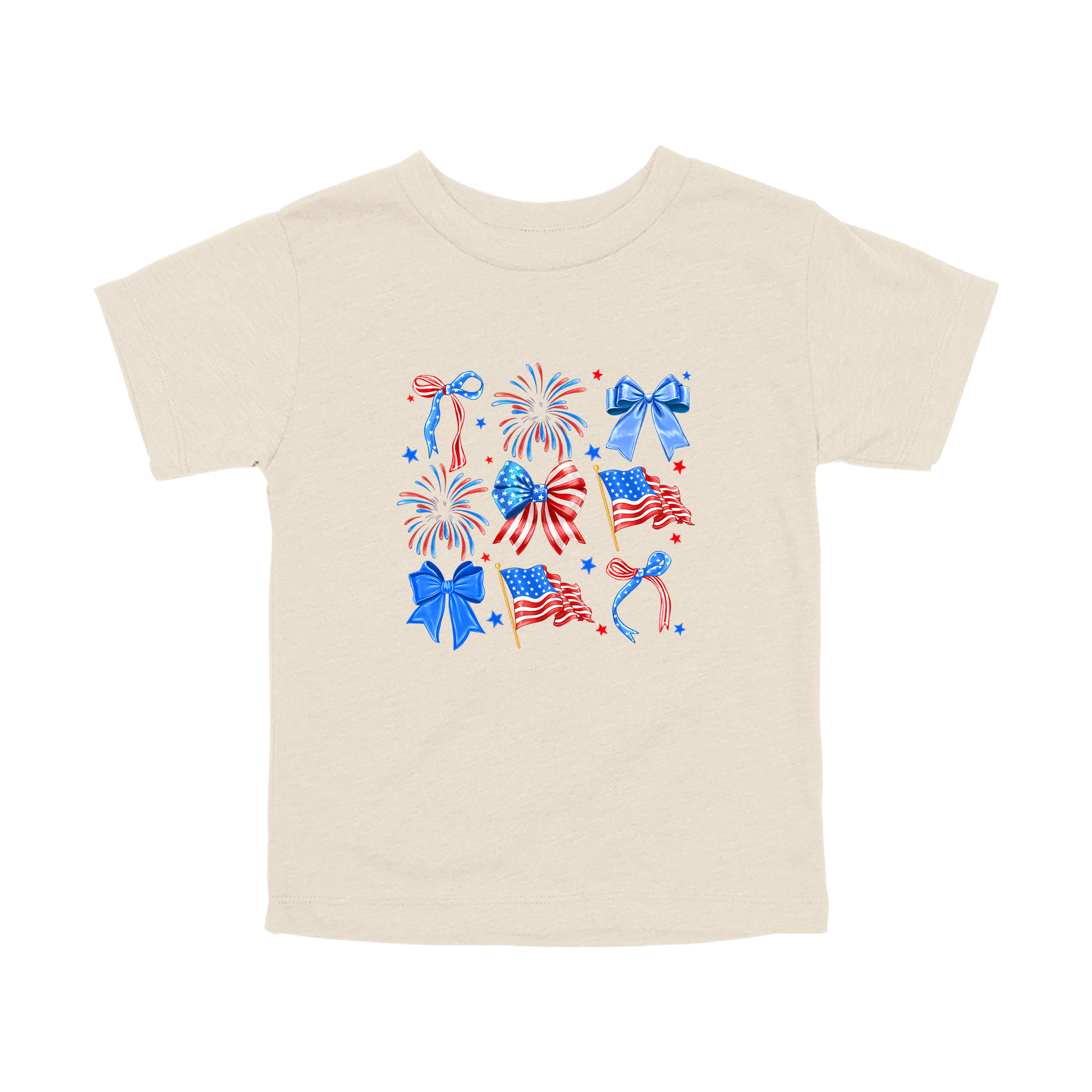 Fourth of July Bow Apparel design on toddler tee in tan, front view.