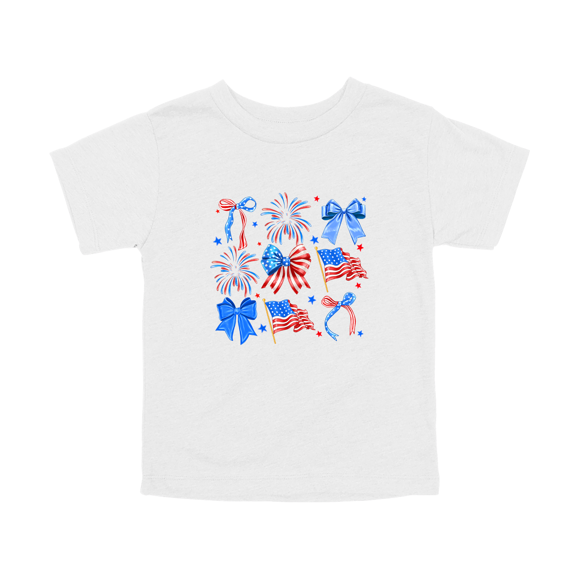 Fourth of July Bow Apparel design on toddler tee in white, front view.