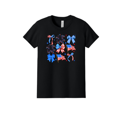 4th of July Bow Apparel design on official Youth Bella+Canvas T-shirt in Black, front view.