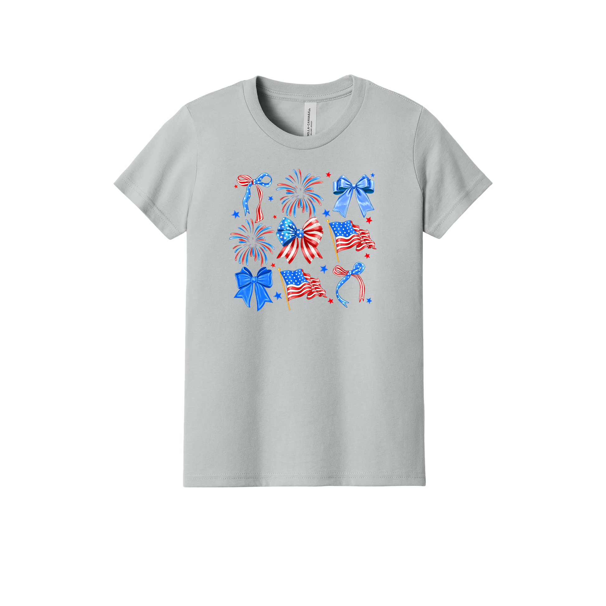 Fourth of July Bow Apparel design on youth tee in gray, front view.