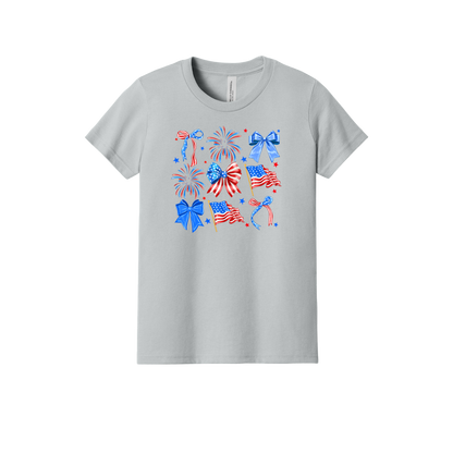 Fourth of July Bow Apparel design on youth tee in gray, front view.